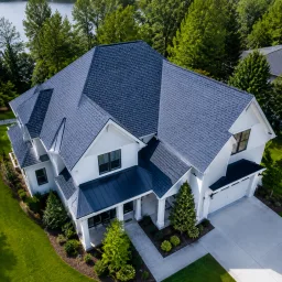 Aerial-style view of a freshly completed residential roof