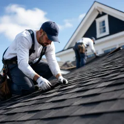 Roofing crew installing architectural shingles on a residential home