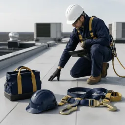 Commercial flat roof inspection with organized safety equipment