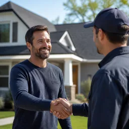 Homeowner shaking hands with a roofing project manager